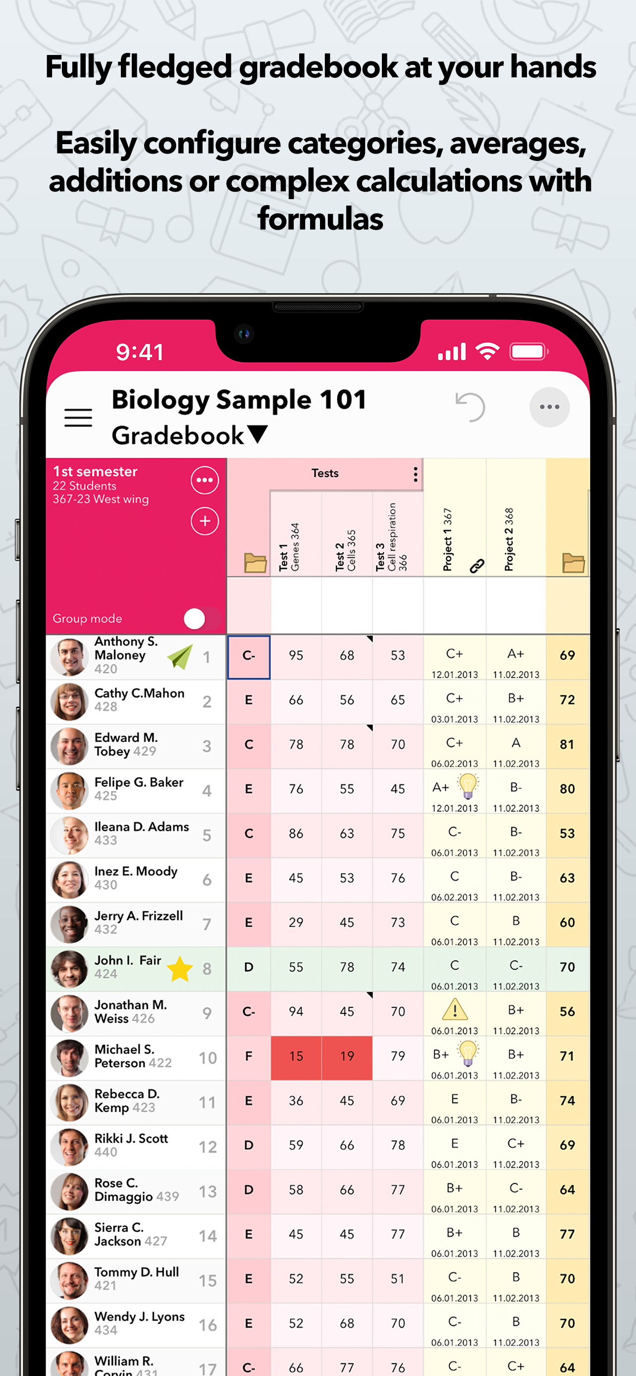 iDoceo para iPhone: cuaderno de Biología con columnas de evaluación